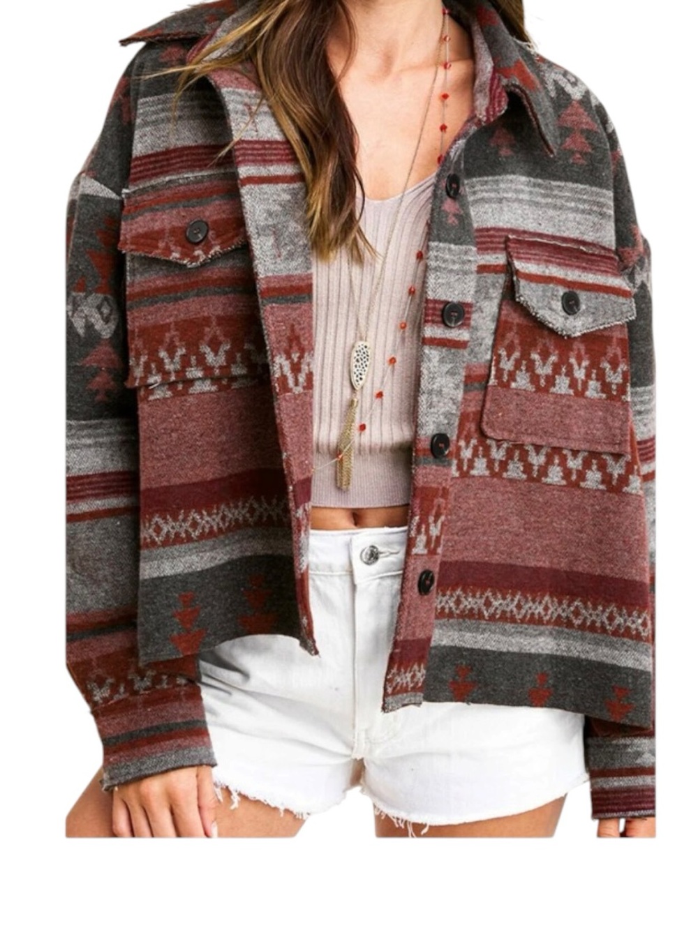 New In Aztec Southwestern Shacket Rust Gray Boho Frayed Button Up Jacket